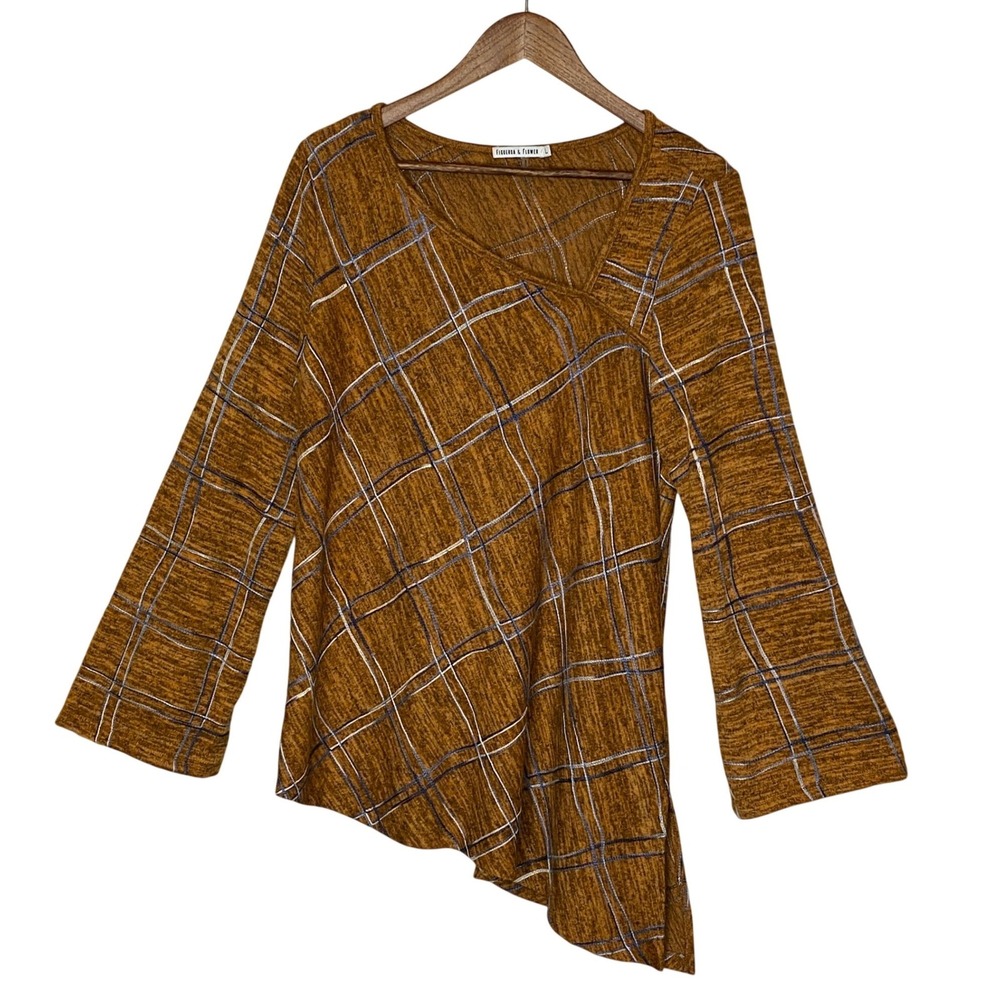 Figueroa & Flower Womens Plaid Asymmetrical Knit Top L Rust Lagenlook Artsy Fall